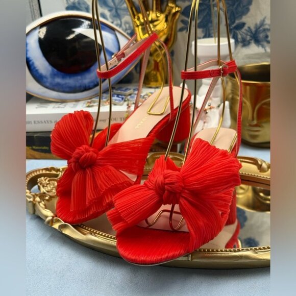 🆕 LOEFFLER RANDALL 🧿 NWOT Dahlia Candy Apple Red Pleated Organza Bow Heel Sz 7 - Picture 7 of 16